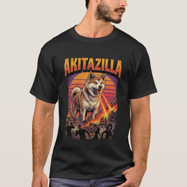 Akitazilla Giant Akita Dog Monster Movie Parody T Shirt (Framsida)