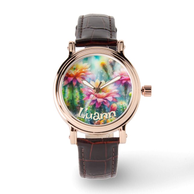 Akkaterad blommande suckulent kaktus armbandsur (Framsida)