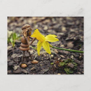 Akorn elf-flicka med gult daffodil-blomma vår vykort