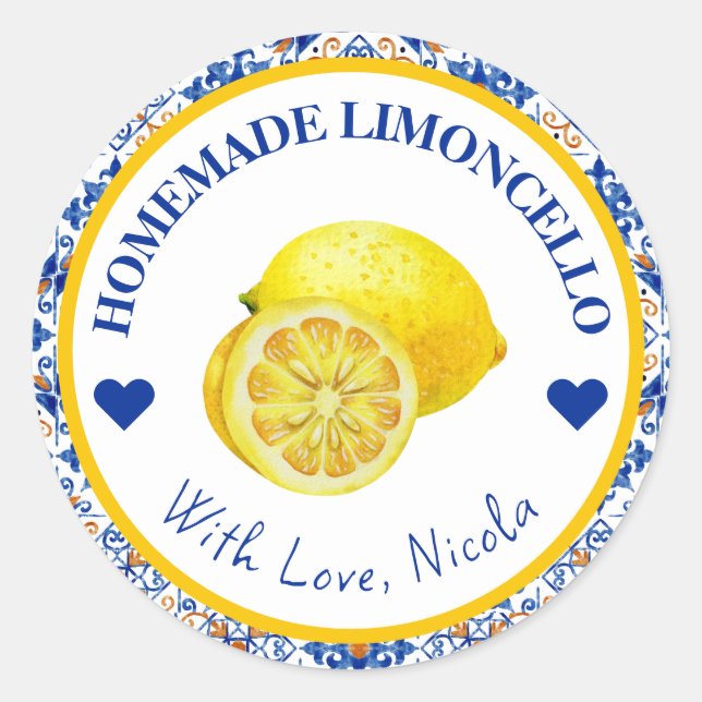 Akriefärg Gul & Blå Hemmagjord Limoncello Etikett (Framsida)