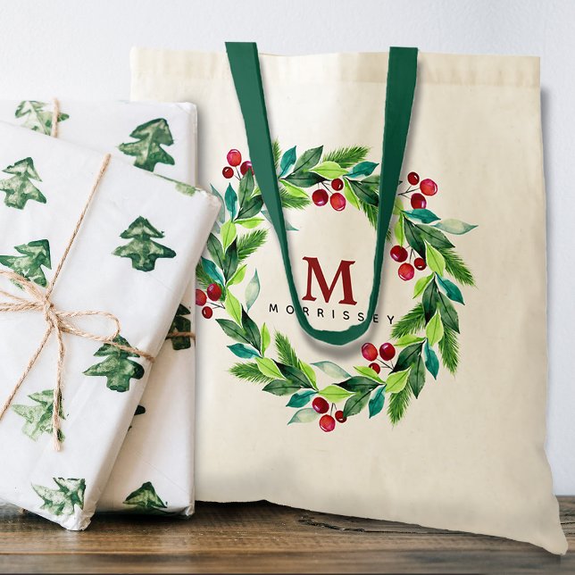 Akrivellbär och julträdskrans med monogram tygkasse (Skapare uppladdad)