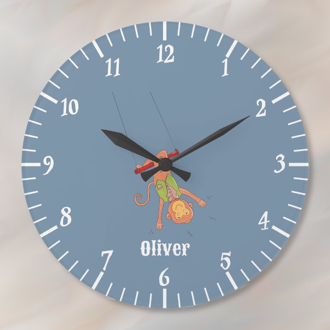 Akrobatisk apa Kid Blå Väggtimme Stor Klocka (Circus theme nursery wall clock .)