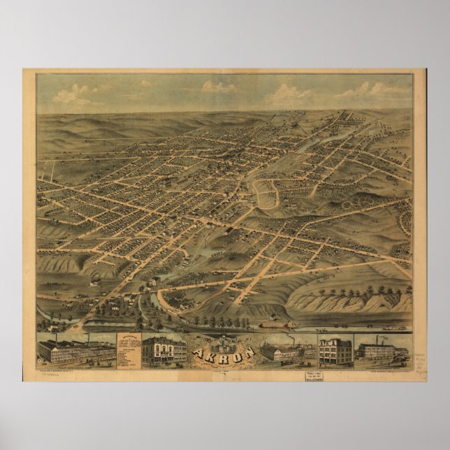 Akron Ohio 1870 Antique Panoramic Karta Poster (Framsidan)