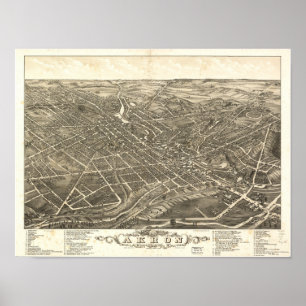Akron Ohio 1882 Antique Panoramic Karta Poster