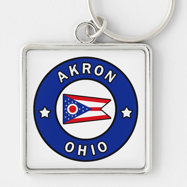 Akron Ohio Fyrkantig Silverfärgad Nyckelring (Framsidan)