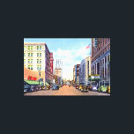 Akron Ohio Main Street 1940 Canvastryck<br><div class="desc">Vintage bild på Main Street i Akron,  Ohio circa 1940. En vintage biet av americana och nostalgi av återresereklam,  en annons för arkitekturen som fångats in på vykort. Historien visar landmärken i kulturlandskapet,  som är mycket insamlingsbar för stads- och stadsminnesmärken och souvenirer,  1900-talets gatuvyer.</div>