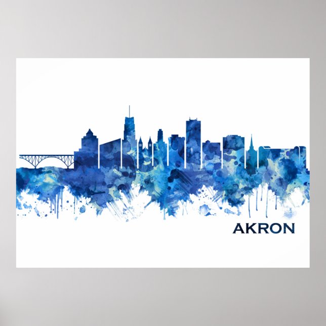 Akron Ohio Skyline Blue Poster (Framsidan)