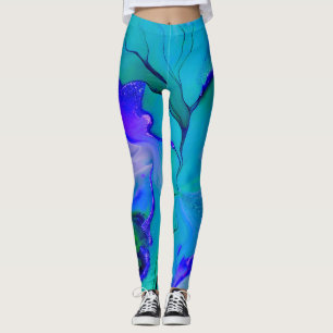 Akryl Abstrakt Kreativ Blå, Lila och Grön Leggings