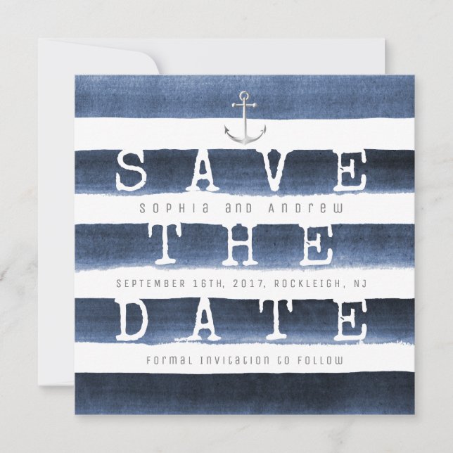 Akrylat navblå randigt sjötema save the date spara datumet (Framsida)