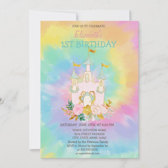 Akrylfärgade slott blommor Tie Dye Födelsedag Inbjudningar (Framsida)