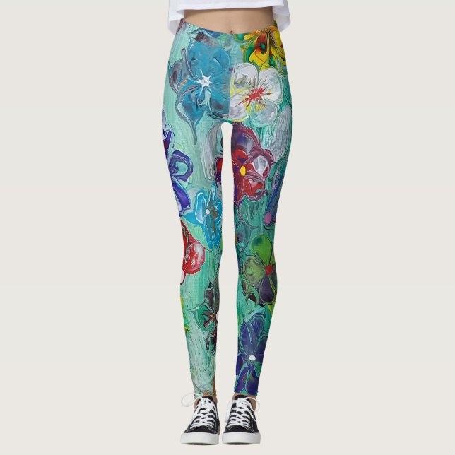 Akrylgjutning färgrik blomma   leggings (Framsida)