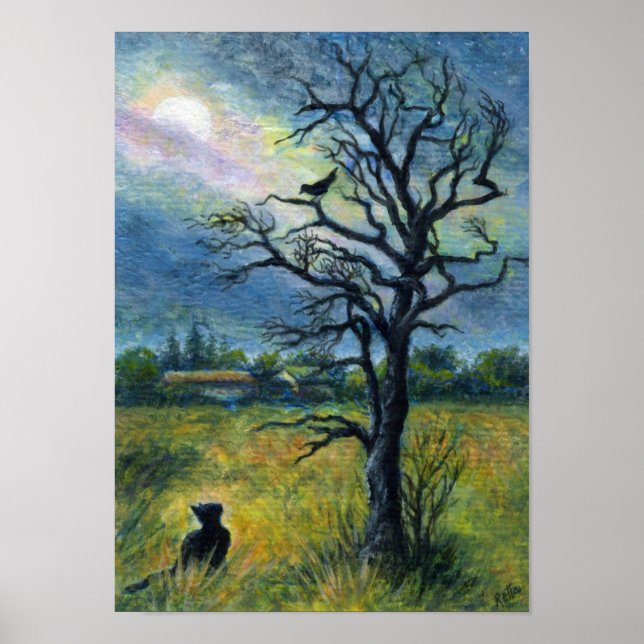 Akrylmålning, Katt & Bird & Måne Poster (Framsidan)