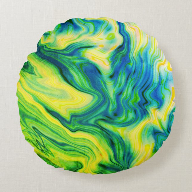 Akrylpa, blå, Grönt, Gult / Rund Kudde (Framsidan)