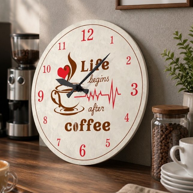 Akrylukur för vägg - Livet Börjar Efter Kaffe Stor Klocka (Skapare uppladdad)