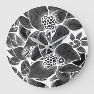 Akrylväggur  Svart vit blomster Stor Klocka