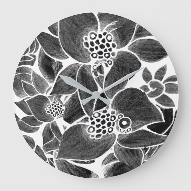 Akrylväggur  Svart vit blomster Stor Klocka (Framsida)