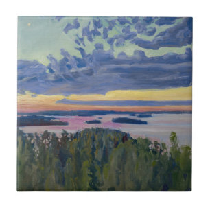 Akseli Gallen-Kallela - Vy över Sjö vid Sunset Kakelplatta