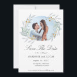 Äkta botaniska andetag ⎥ fotospara datumkort spara datumet<br><div class="desc">Vår skonsamma botaniska samling har ljust grönt, teal och guld-mjuk vattenfärgsblad parad med guldfärgat ramar och teal bakgrund för en perfekt insamling i elegant bröllop. Du kan hitta matchande artiklar för hela din upplevelse av bröllop, men även hantverk, gåvor och vissa personliga artiklar. Vi tror att ni kommer att njuta...</div>