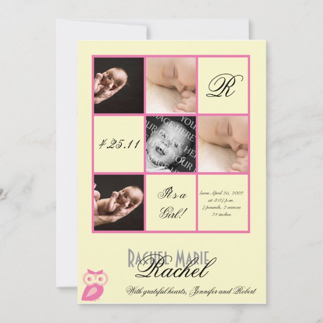 Äkta fyrkanter i Rosa Photo Baby annoncement Meddelande (Framsida)