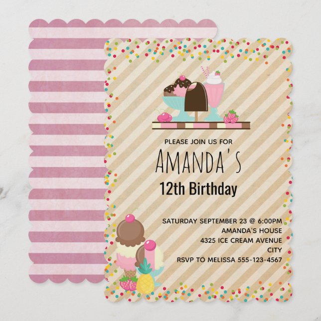 Äkta iskräm och Flyt sötad Dessert-födelsedag Inbjudningar (Fram/baksida)