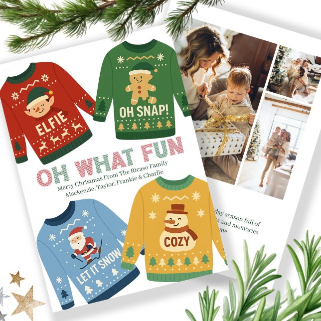 Äkta julsötare julkort (Ugly Christmas Sweater Holiday Card by Ricaso. Add text and 3 photographs. Personalized cards)
