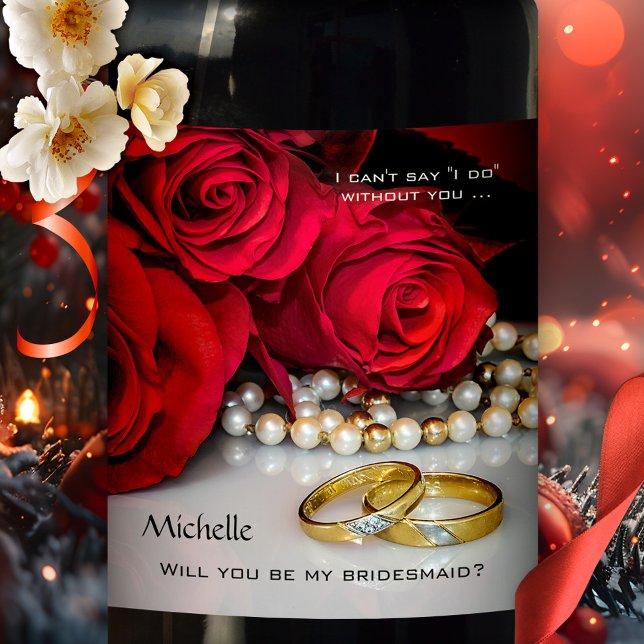 Äkta kärlek etiketten Bröllop eller Möhippa Röd ro Vinflaska Etikett (Will you be my bridesmaid wine label showing wedding rings on a background of red roses with pearls)