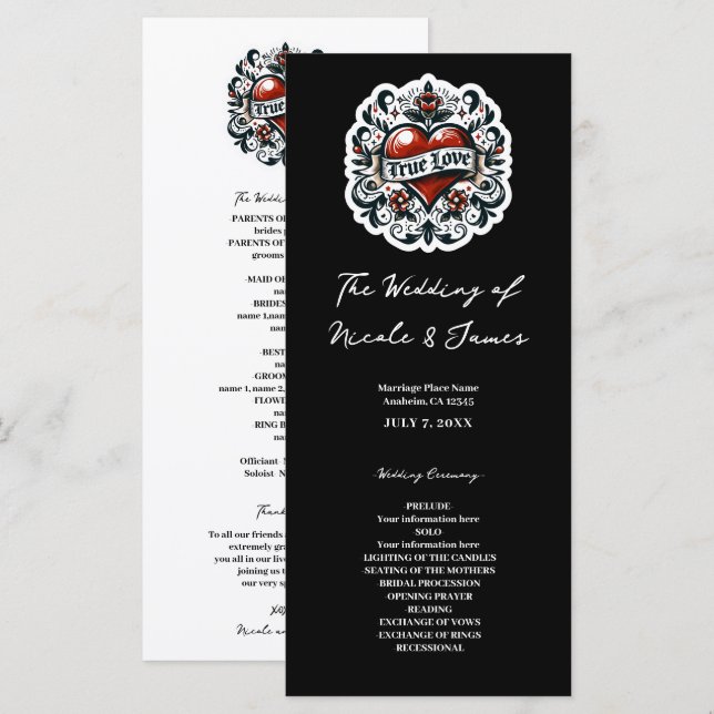 Äkta Kärlek Hjärt tatuering dekal Bröllopsprogram Program (Fram/baksida)