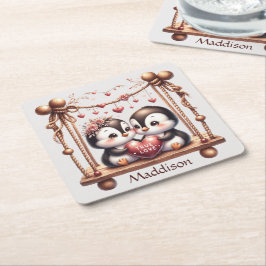 Äkta kärlek Penquins från valentines day på vingår Underlägg Papper Kvadrat