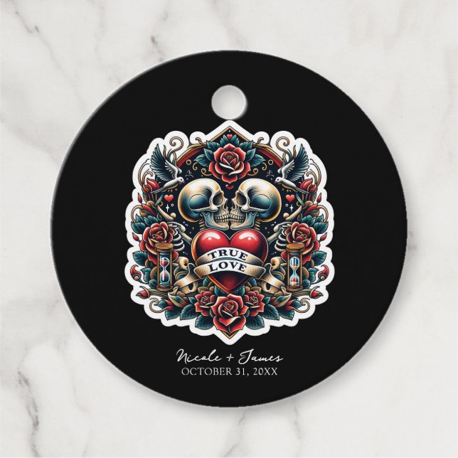 Äkta Kärlek Skelett Hjärtat Tatuering Bröllop Gåvor Etiketter (Framsida)