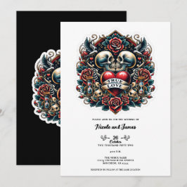 Äkta Kärlek Skelett Hjärtat Tatuering Bröllop Inbjudningar