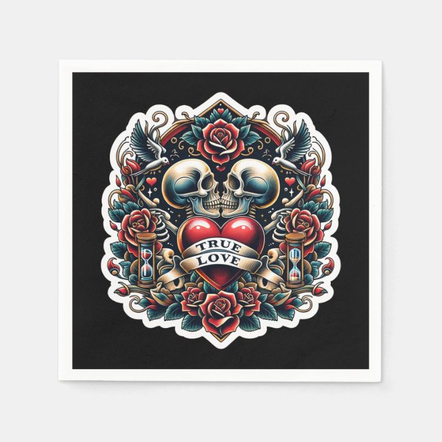 Äkta Kärlek Skelett Hjärtat Tatuering Bröllop Pappersservett (Framsidan)