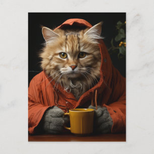 Äkta katt med kaffe vykort