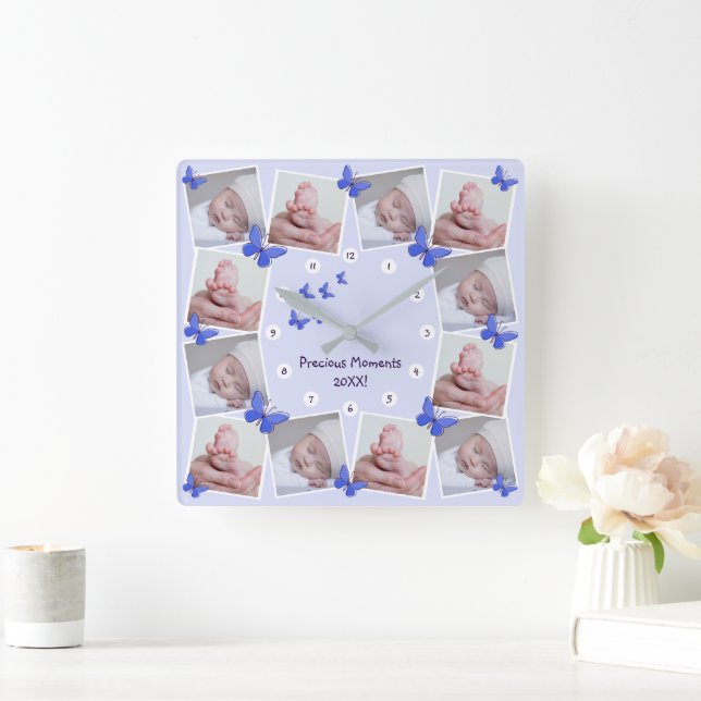 Äkta nyheter 20XX Fotokollage Blue Butterfly Fyrkantig Klocka (Hem)