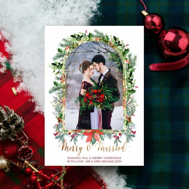 Äkta och nyfödda fotopatjulkort inbjudningar (Married and Merry Newlywed Photo Christmas Card)