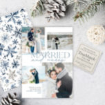 Äkta och nyfödda Rustic Blue Foto Collage Julkort<br><div class="desc">Fira kärlek och årstiden med det här helgdag Married & Merry, designat för att visa fyra omhuldade foton från din bröllopsdag. Den moderna blå-grått-typografin parad med elegant-skript fångar en ny, vintritande känsla, medan den rymliga fotolayouten gör att du kan markera både intima och lekfulla ögonblick. Perfekt för nygifta som tittar...</div>