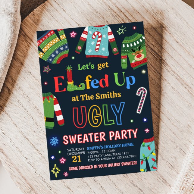 Äkta sötare som ålade upp jul Party Inbjudningar (Elfed Up Ugly Sweater Christmas Party Invitation)