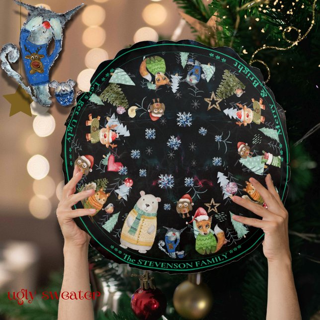 Äkta sötare, söta juldjur rund kudde (Ugly Sweater Christmas cute Animals Round Pillow (Front))