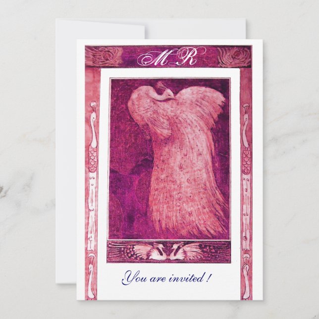 ÄKTENSKAP LIEV PÅFÅGEL MONOGRAM ,rosa röd vit Inbjudningar (Framsida)