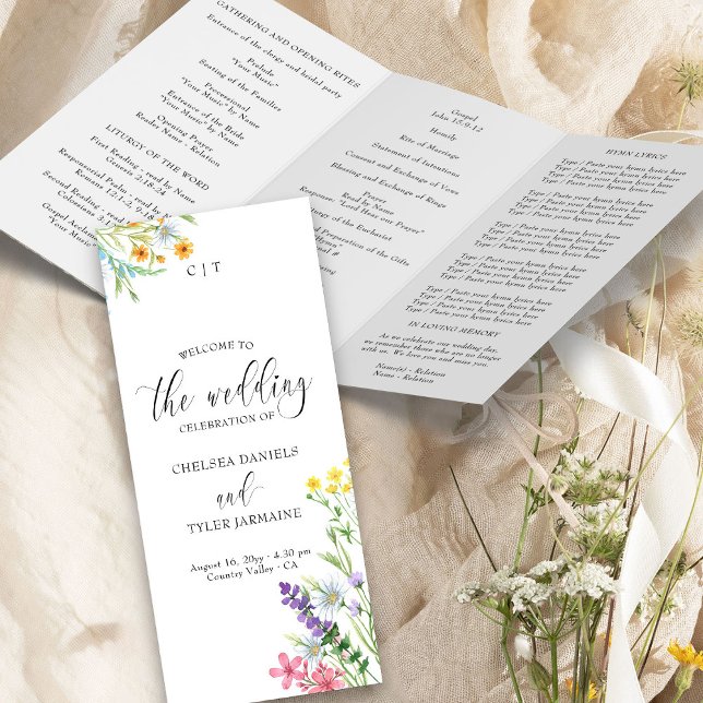 Äktenskapsceremoni-program för vildblomsäng (Church Wedding Ceremony Program from the Wildflower Meadow Wedding Collection by Darling & May)