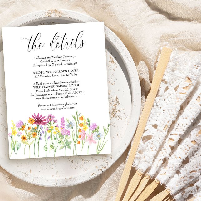 Äktenskapsdetaljer för vildblomsäng Inkluderingsko Tilläggskort (Wedding enclosure cards with a dreamy meadow of wildflowers, elegant calligraphy ..)