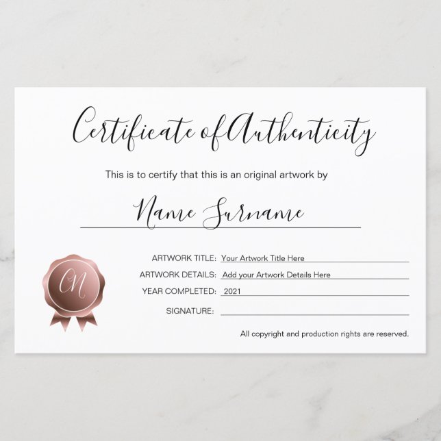 Äkthetsintyg för teckning av (Framsida)