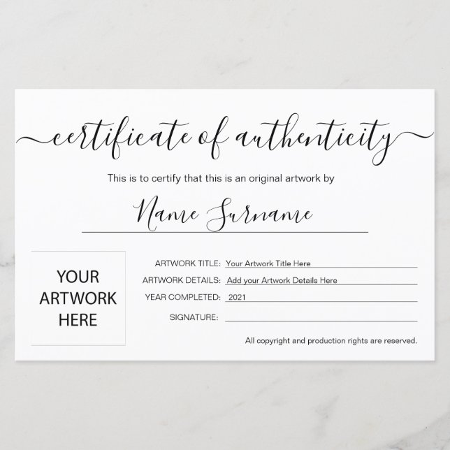 Äkthetsintyg för teckning av (Framsida)