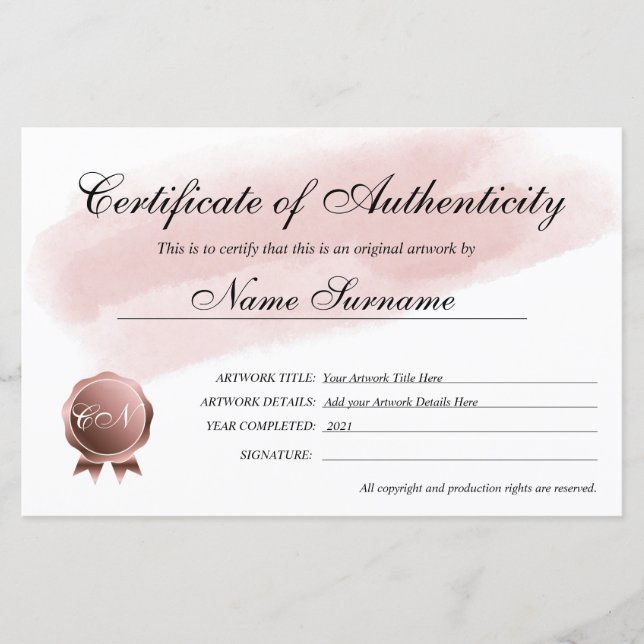 Äkthetsintyg för teckning av (Framsida)