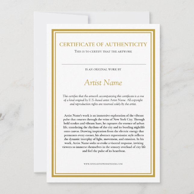 Äkthetsintyg med konstnären Påstående Tack Kort (Framsida)