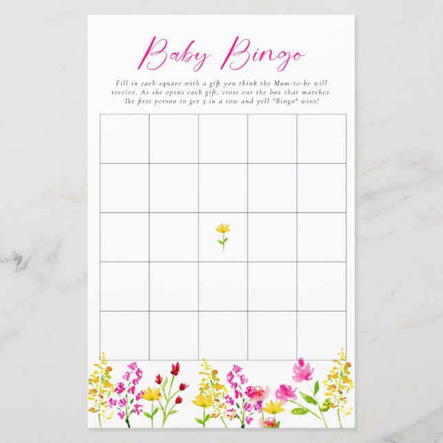 Aktivitet för Party i jodblommor Babydusch Bingo G (Framsida)