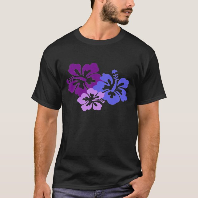 Aktuell hibiskusblomma i blått, lilor och lila t shirt (Framsida)
