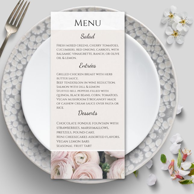 aktuellt menykort för  rosa Collection bröllop Meny (Modern blush pink flower easy to read menu. Creamy background with crispy white details. )