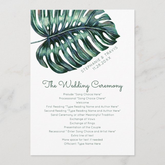Aktuellt Monstera-blad Strand Öwedding Program (Framsida)
