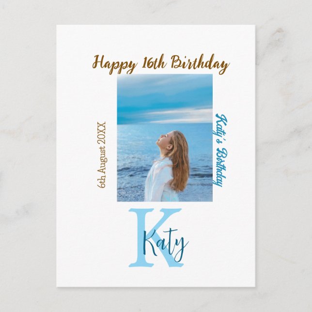 Akulblå brun glad 16-årsdag foto namn  vykort (Framsida)