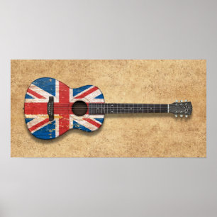 Akustisk gitarr för åldrig och sliten brittisk poster